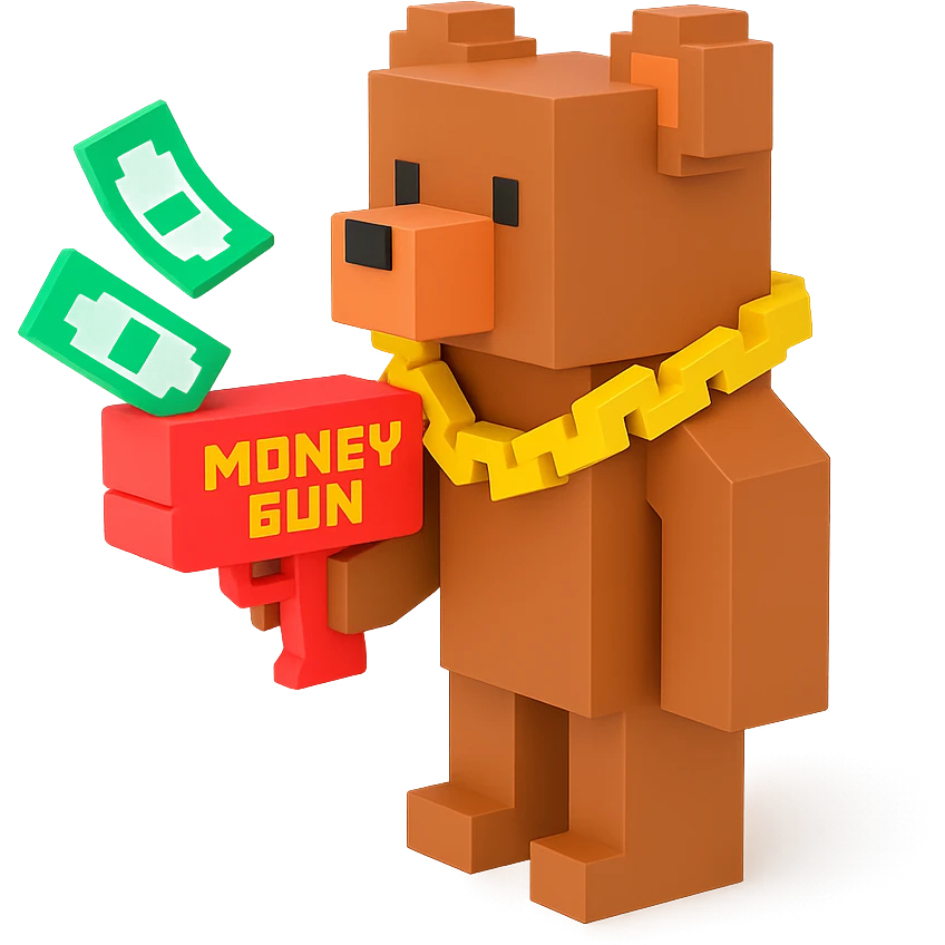 A grizzly bear with a chain and a money gun, voxel style, facing left emoji