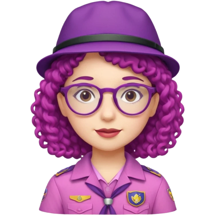 scout girl with very pink scout uniform including hat, dark violet curly haired and glassess emoji