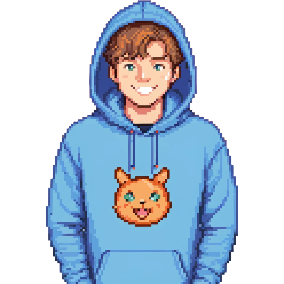 Mr. Beast, blue hoodie, cheerful expression emoji