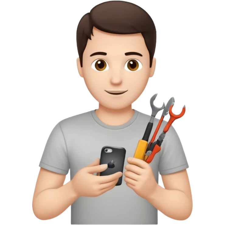 make a white guy with dark brown hair, with a simple white o grey shirt, repairing an iphone happy, tecnician with small real tools for phone emoji