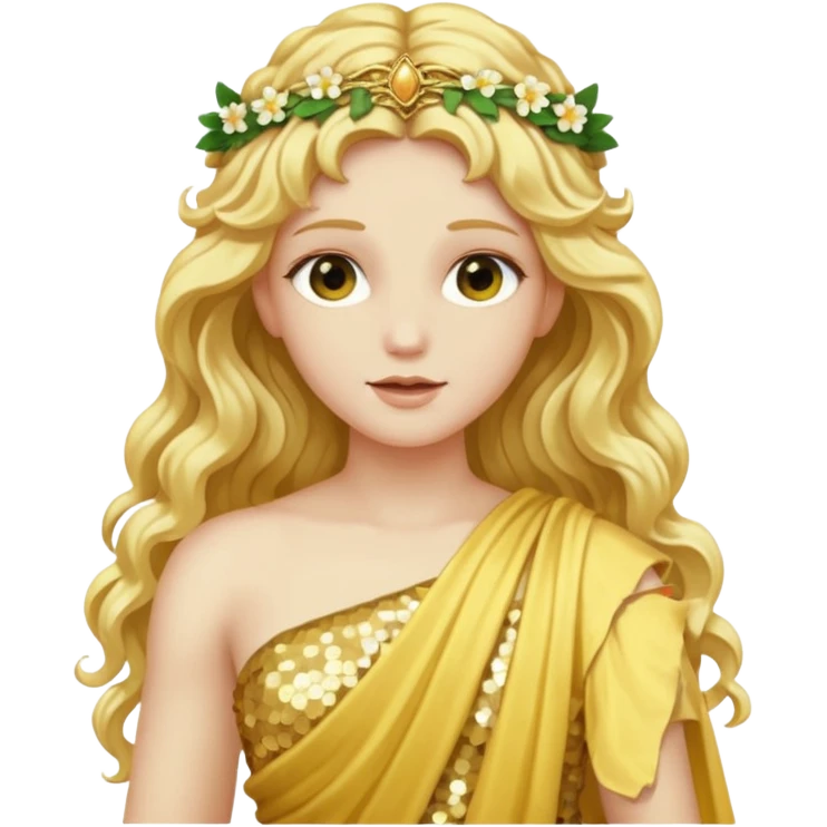 Flora, Goddess of Flowers from Roman Deities with long golden blonde wavy hair, pale yellow sequin toga  emoji