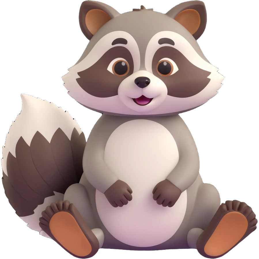 3D raccoon, sitting, playful expression, fluffy tail emoji