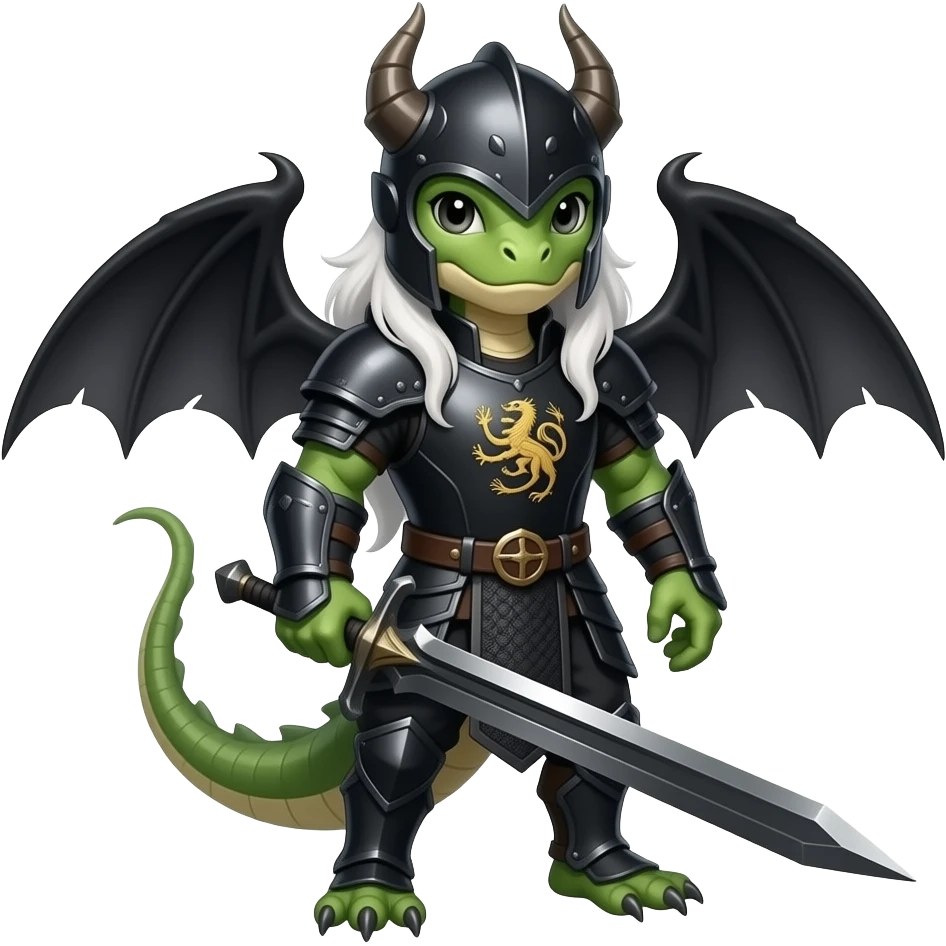 Згенеруй лцаря з білим, довгим волоссям, в чорних обладунках, шолом прикрашений крилами дракона , на грудях герб таргаріенів однотонним чорним візерунком, він стоїть в повний зріст з чорним мечем, видно його обличчя, під кутом emoji