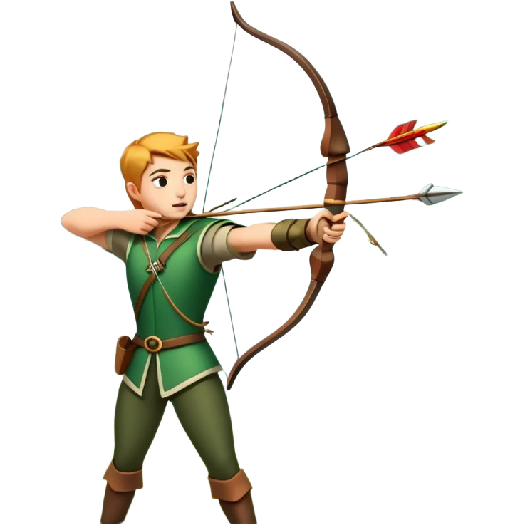 A skilled archer, resembling Robin Hood, drawing a bow and releasing an arrow towards a target. The scene captures the perfect moment of release, with the bowstring taut and the arrow flying toward the bullseye, set in a forest or archery range background. emoji
