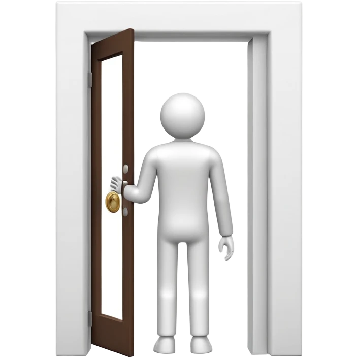 minimalistic icon of a white human figure walking through an open outlined door, viewed from the front, door with visible doorknob, solid green background, flat simple clean lines, high contrast emoji