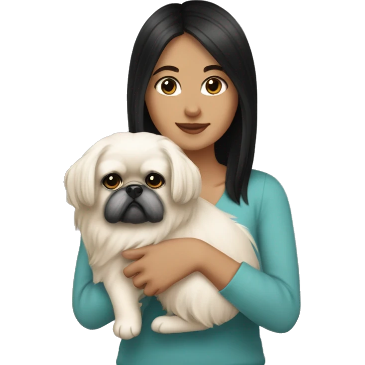 White girl with black hair holding Pekingese  emoji