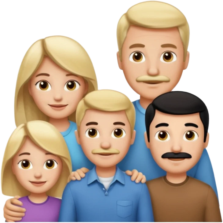 Family of 5: Mom, dad, 2 boys, one girl. Kids have blonde hair. Mom has light brown hair. Dad has black hair with mustache. emoji