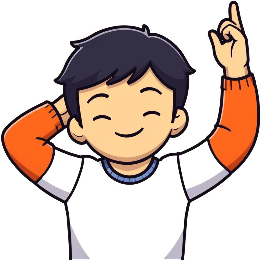 white boy smiling with right hand behind head, black hair, closed eyes emoji