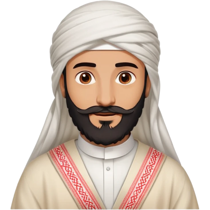 Saudi man emoji style, distinct sharp features, thick beard, white thobe, red shemagh, cheerful friendly look emoji