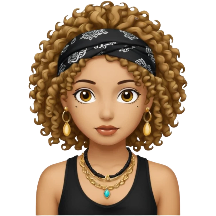 Baddie girl with black  tank top curly hairss and bandana and jwellery emoji