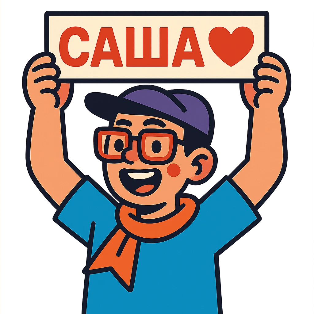fan boy holding a sign with "Саша♥️" above his head emoji
