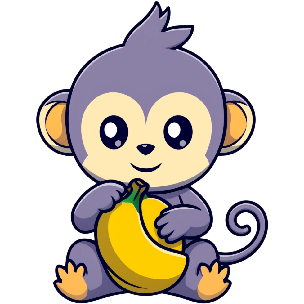 super kawaii baby monkey with big shiny eyes and tiny paws carefully peeling a banana emoji
