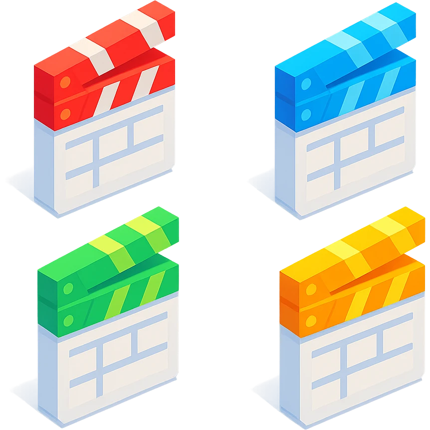 isometric view group of movie clapperboards in voxel style, white bodies with each lid a different bright color emoji