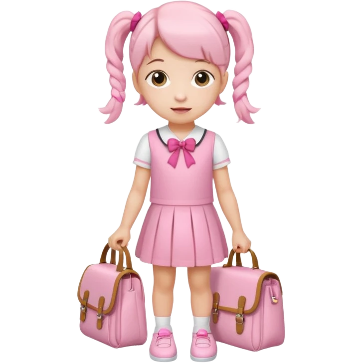small girl wearing pink student uniform, white dress, white shoes and a bow on her pigtail hair, holding school bag emoji