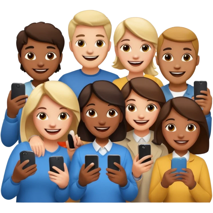 a crowd of people with happy faces and holding phone emoji