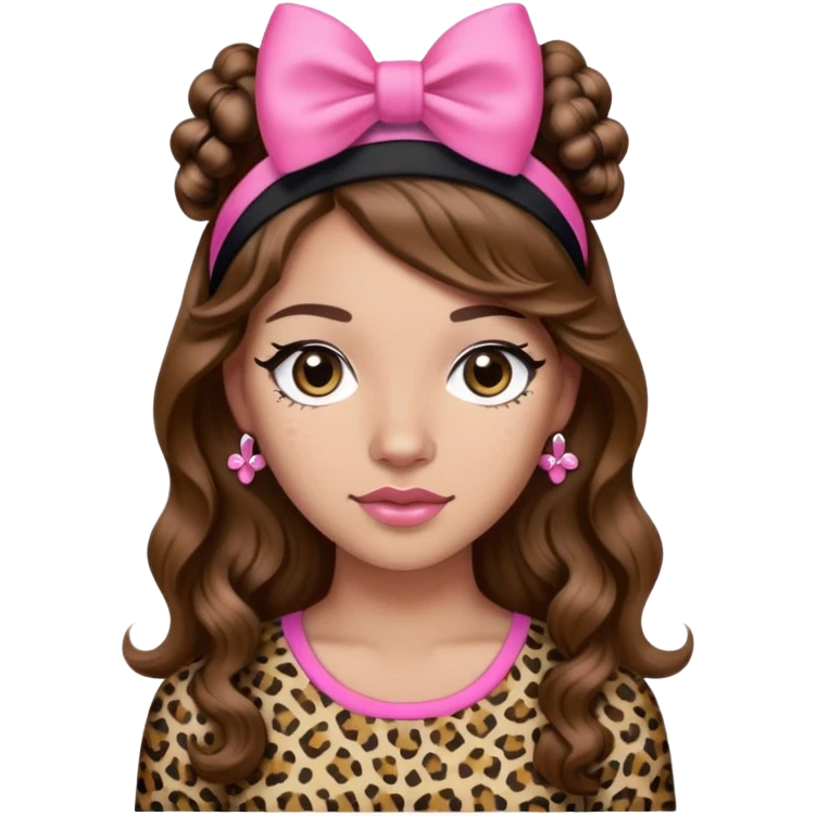 Light skin brown hair long wavy black headband with a small pink bow on each side leopard print shirt with small pink bows woman emoji