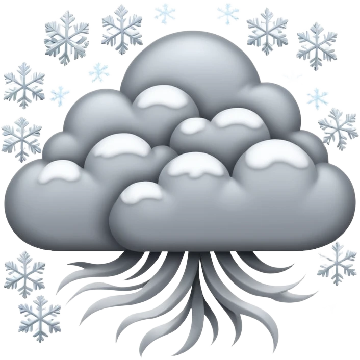 A powerful blizzard  storm cloud with heavy swirling snow, strong wind lines, flying snowflakes, dynamic motion. White and gray tones, bold but simple shapes. emoji