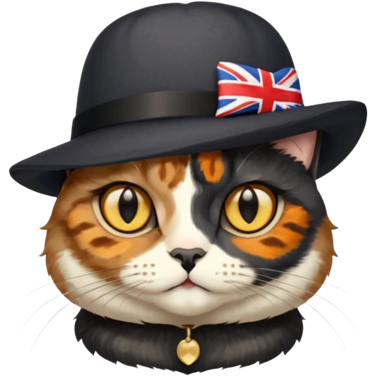 mostly black tortoiseshell cat, gold eyes, british hat emoji