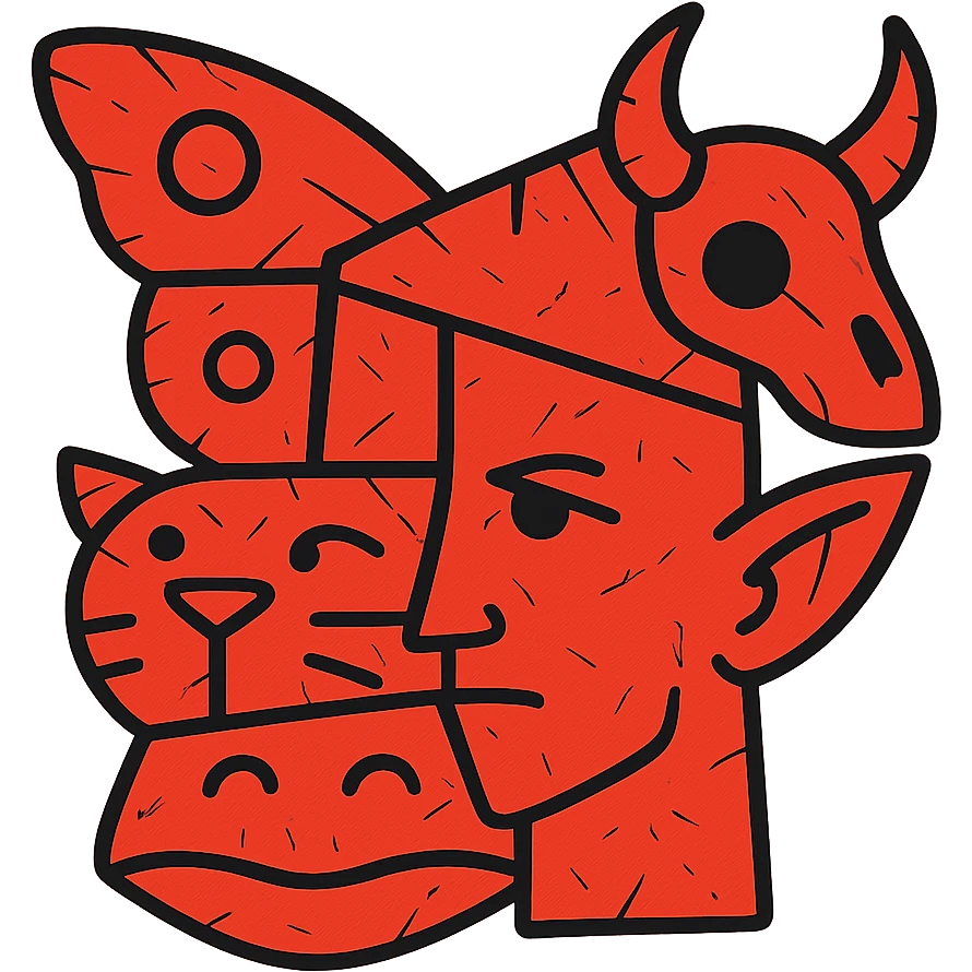 a red collage icon made of irregular cut-up pieces with visible line splits: stoat eyes/face section, minotaur skull with horn section, frog mouth section, elf ear section, cat whiskers section, and moth wings growing from the back of the head, arranged in an irregular cubist-like composition with clear dividing lines, weathered and scratched appearance, entirely red emoji