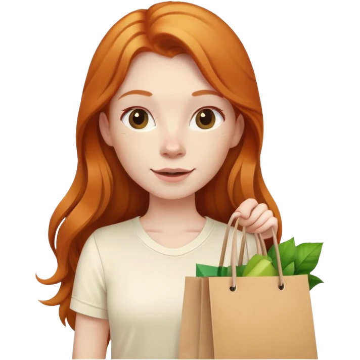 Beautiful Shopping ginger girl long hair holding bags cream shirt emoji