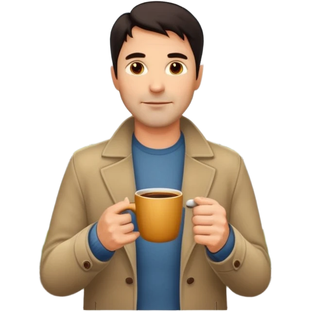 A handsome 45 year old white man with dark hair in a very foggy park with a city view drinking a cup of coffee emoji