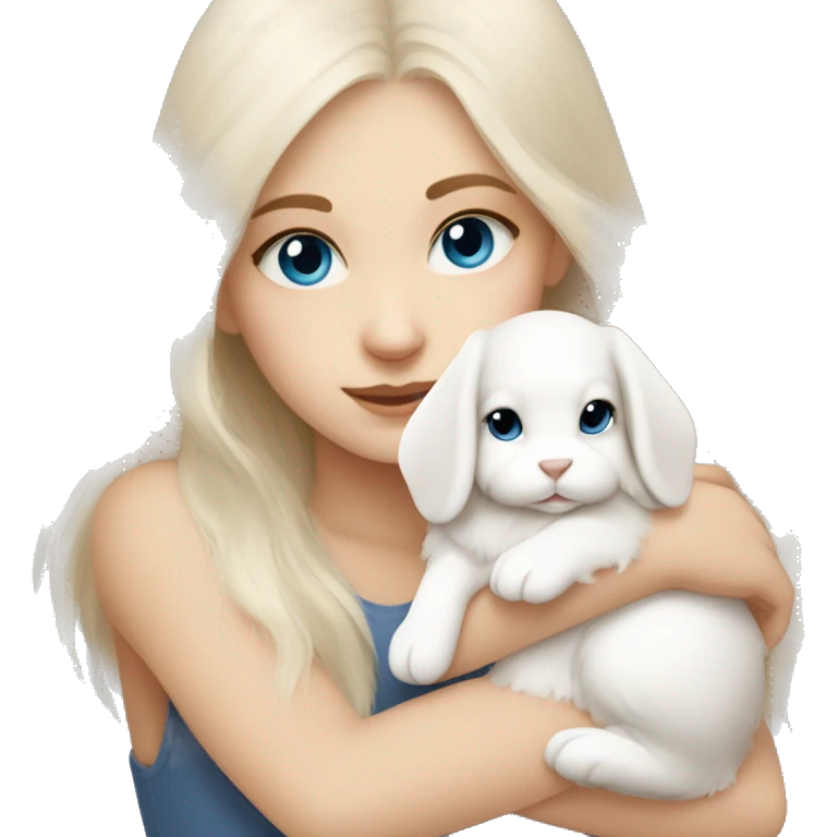 Beige hair blue eyes girl hugging a white mini lop emoji