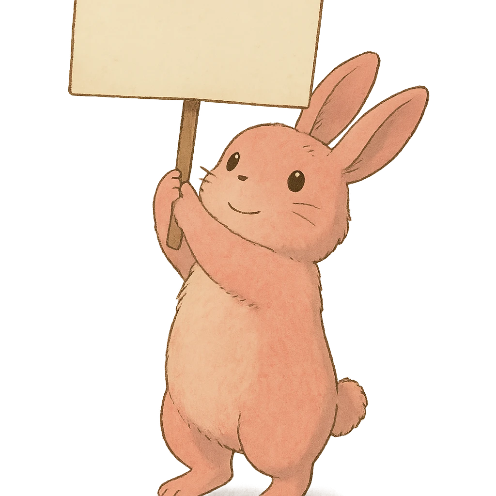 full-body rosy bunny holding a signboard high above its head, soft Ghibli style emoji