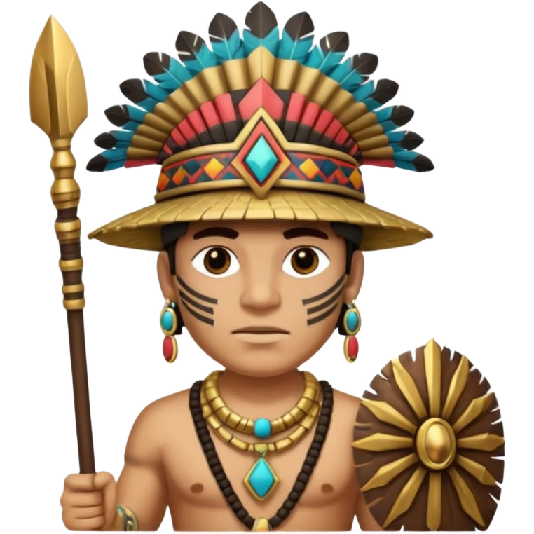Hombre con un cuerpo de azteca con gorro azteca y lanza y collares  emoji