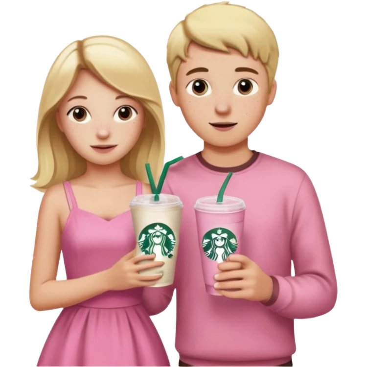 teenager girl and boy friend group blond w/ freckles long hair pink dress with starbucks emoji
