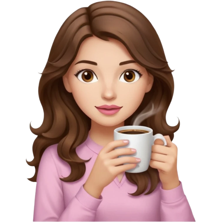 girl with wavy long brown hair, brown eyes, light to medium complexion, long lashes, light pink lipstick, wearing light pink shirt, sipping coffee emoji