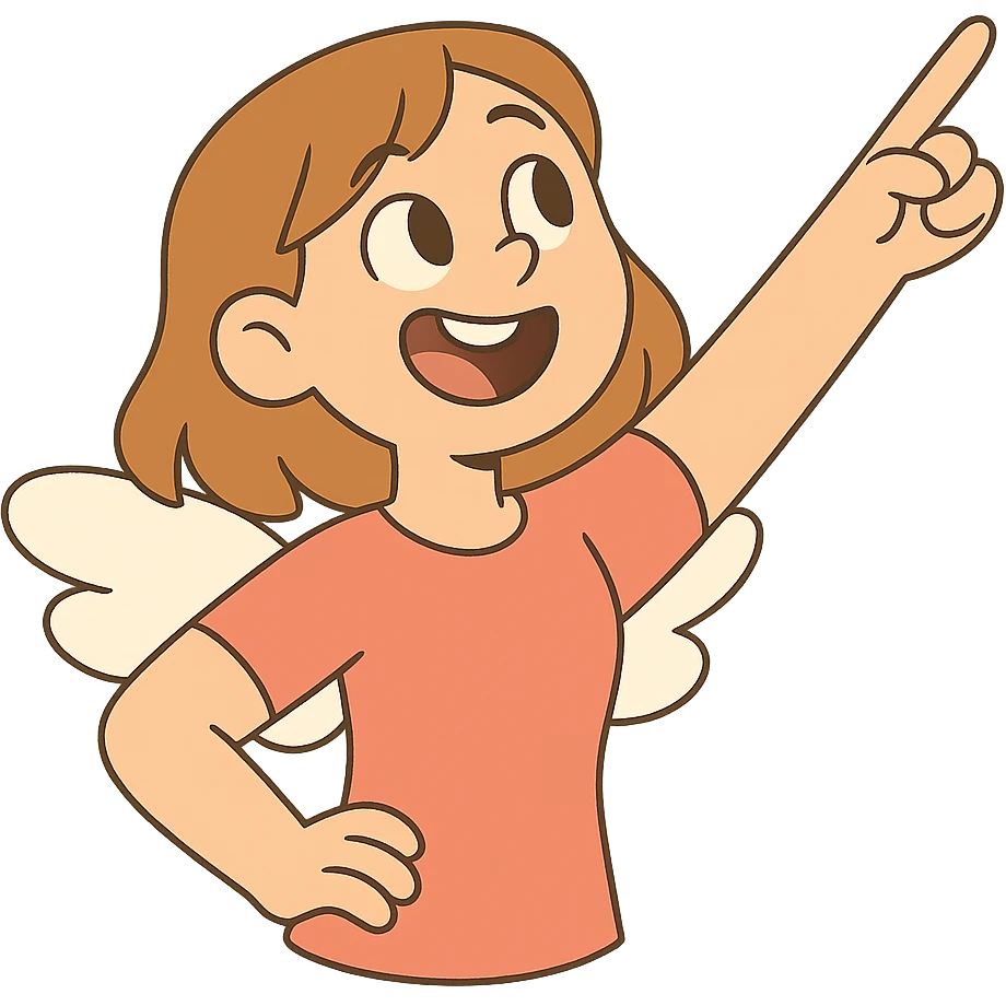 girl with light brown shoulder-length hair and white wings joyfully pointing to the sky emoji