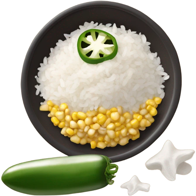 white rice black beans corn jalapeños green peppers mushrooms lettuce and sour cream bowl emoji