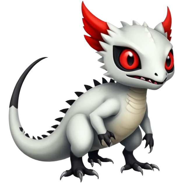 a white exotic edgy vernid-fionbr-Fakémon-creature, with black belly and red eyes, full body emoji