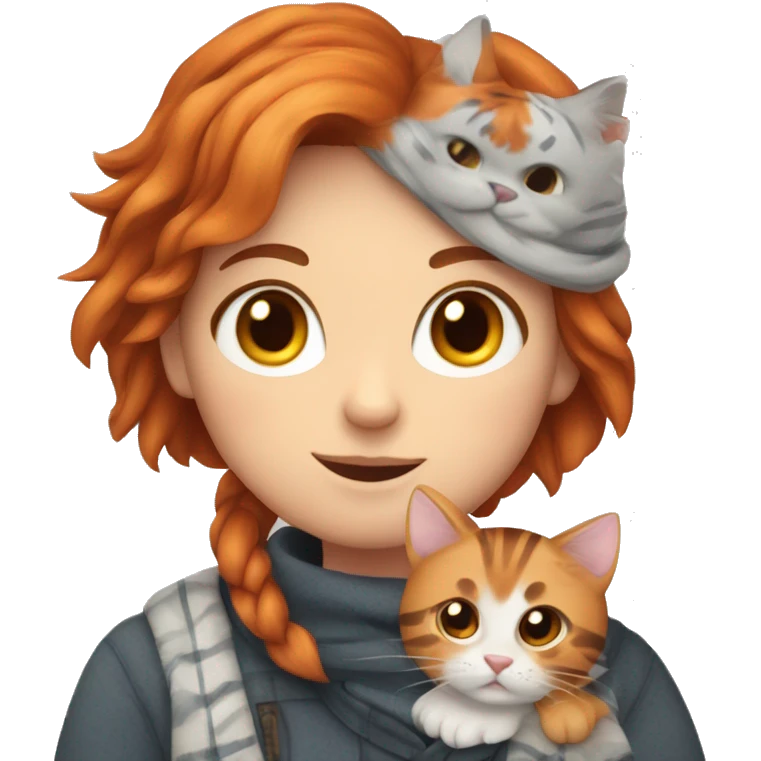 A Scottish cat with a tiger gray color, a red-haired girl in her arms emoji