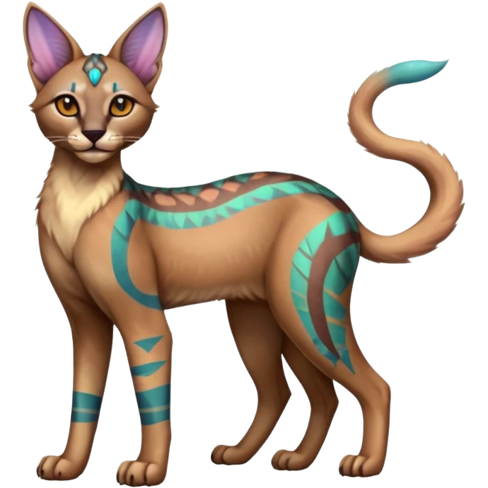 A Colorful iridescent exotic tropical tribal cute happy realistic esoteric patterned dark caracal-Lykoi-bobcat-sphynx-genet-serval-Fakémon-hybrid-fusion-animal-creature, full body, 4-legged emoji