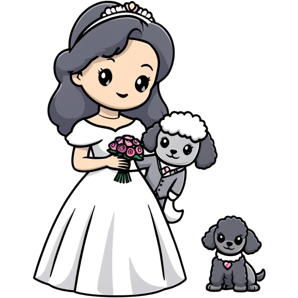 A beautiful girl with long black hair in a wedding dress holds a small gray poodle emoji