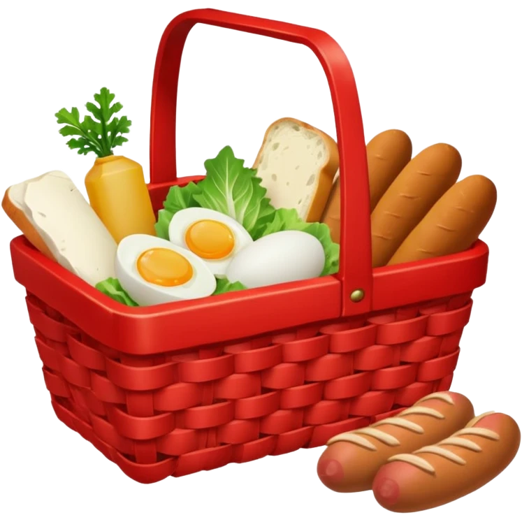 red basket with groceries: milk, bread, sausage, eggs, potatoes, carrots, onions, cabbage emoji