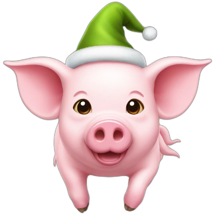 emoji of a flying pig with an elf hat emoji