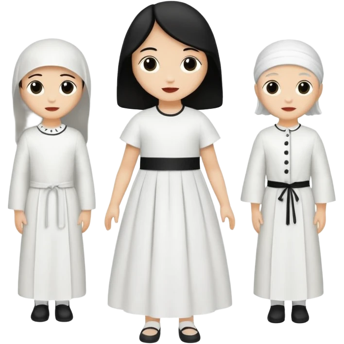 vull un perosnatge estil bimoji que sigui com una nimfa bella i fantasmal amb túniques blanques. Té la pell literalments blanca com el guix, cabell platejat, un nas llarg, ulls negres grans i llavis carmesí. que estigui somrient sense arrecades i roba vermella i blanca emoji