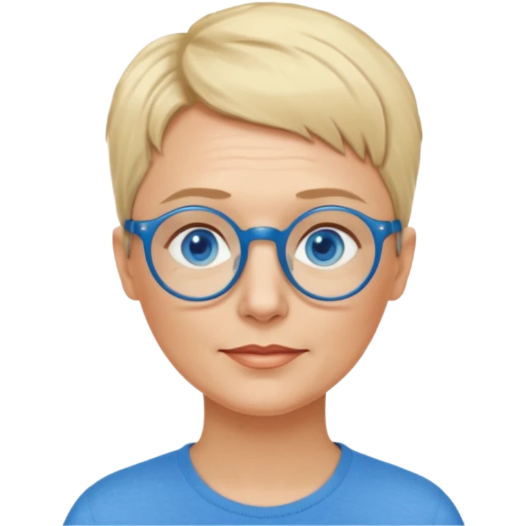 woman 50 years old, very short blonde hair like a man, blue eyes and blue round glasses emoji
