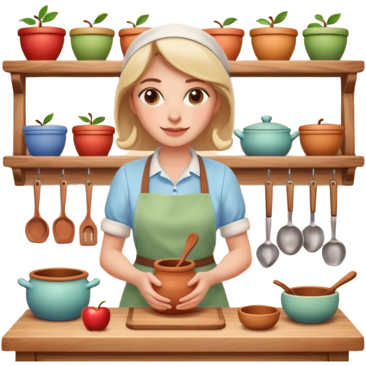 cartoon Apple iOS emoji style woman, pastel colors, Chilean wooden kitchen background, clay pots, warm light, detailed and clean vector art emoji