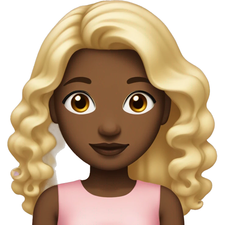 The face of a girl with dark skin and blonde long hair, the ends of her hair curl into curls,a small nose,plump lips,long eyelashes, brown eyes, she is wearing a delicate pink silk dress emoji