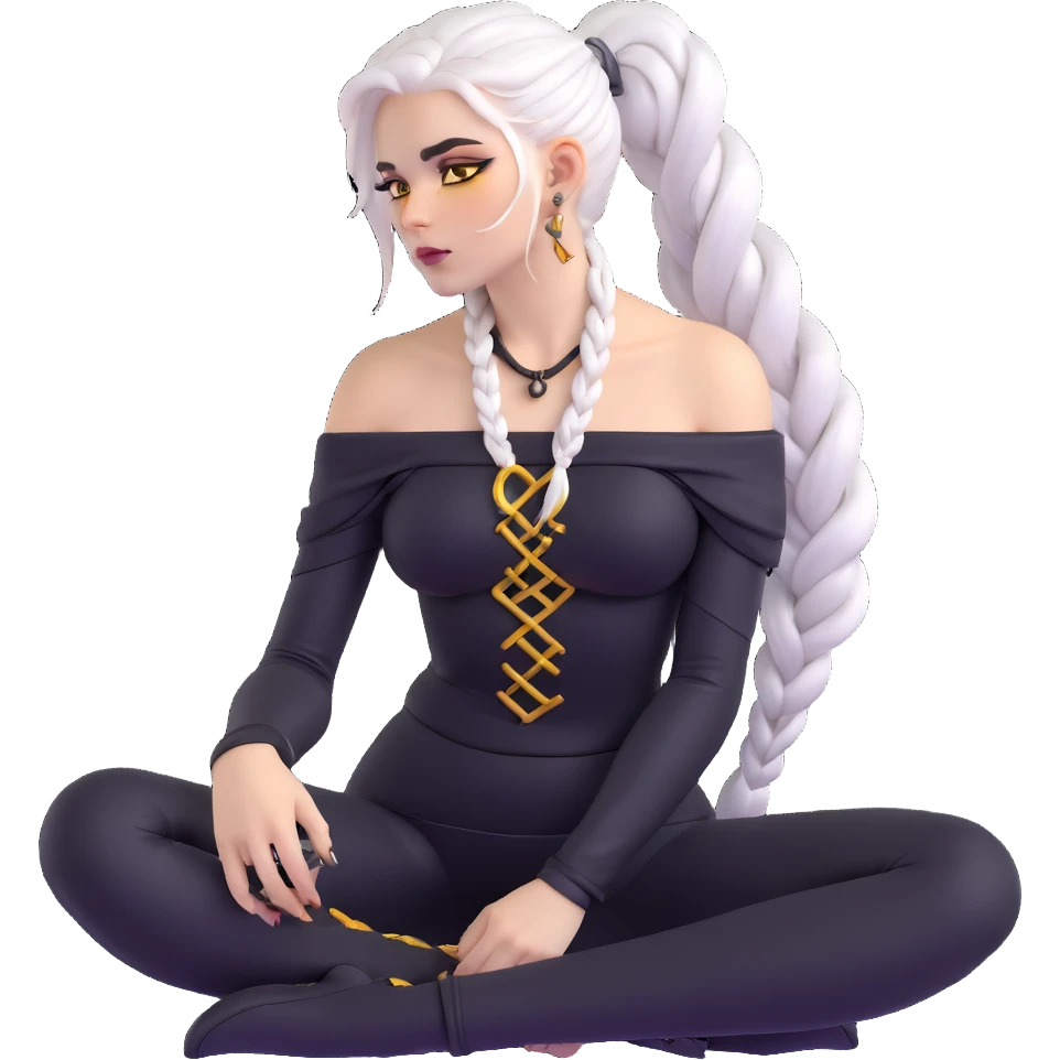 closeup portrait of young woman with gold yellow eyes, white hair in a long braid, black off-shoulder top, punk gothic style, futuristic cyberwave, sitting position emoji