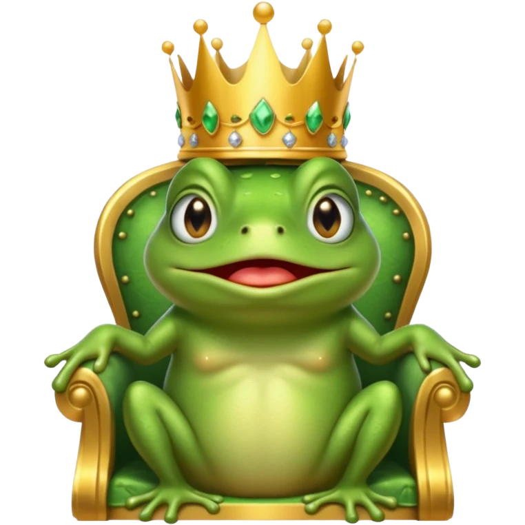 A cry frog wearing a crown, confidently sitting on a golden throne, cry tear from eyes, portrait, bust up emoji