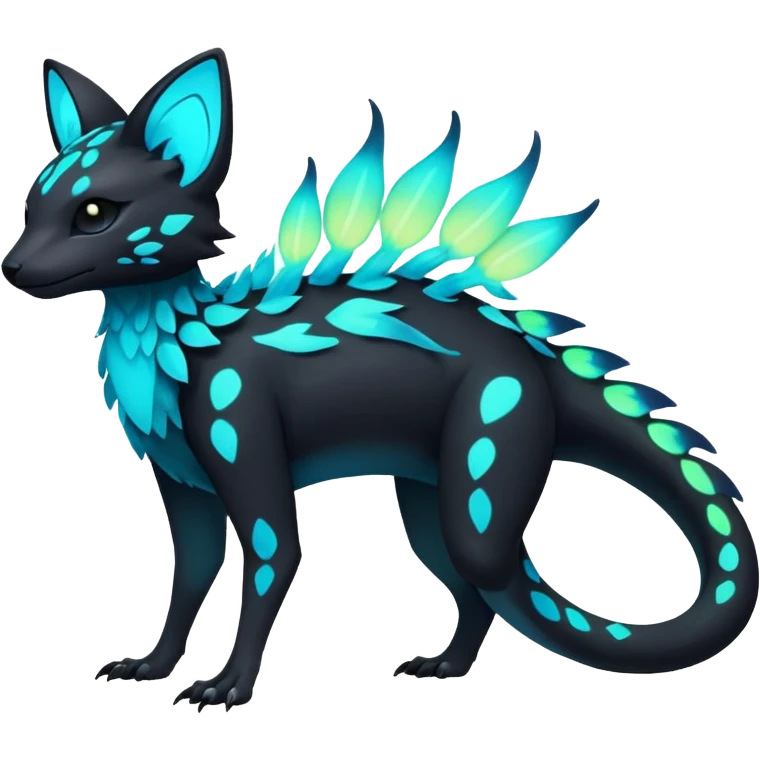 Rare realistic dark-neon glowing bioluminescent edgy badass epic pretty beautiful handsome gorgeous aesthetic colorful vibrant Vernid-Trico-species-Fakemon-creature by LiLaiRa, 4 legs, 1 tail, random markings, (full body) emoji