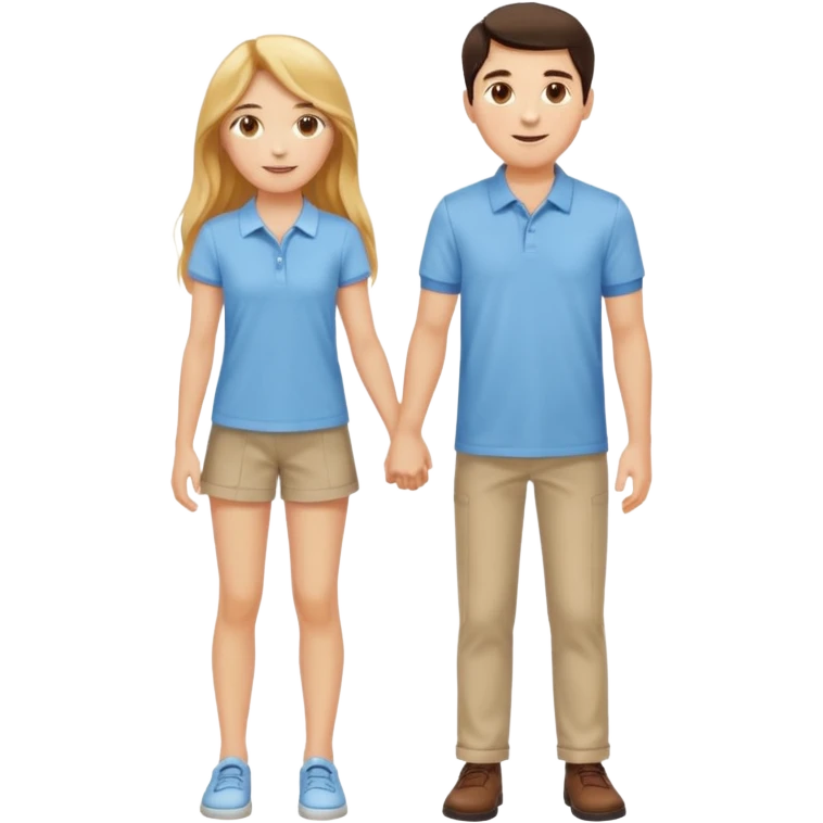 full-length happy couple, girl with long golden hair and hazel eyes in summer outfit, boy with dark hair in light blue polo emoji