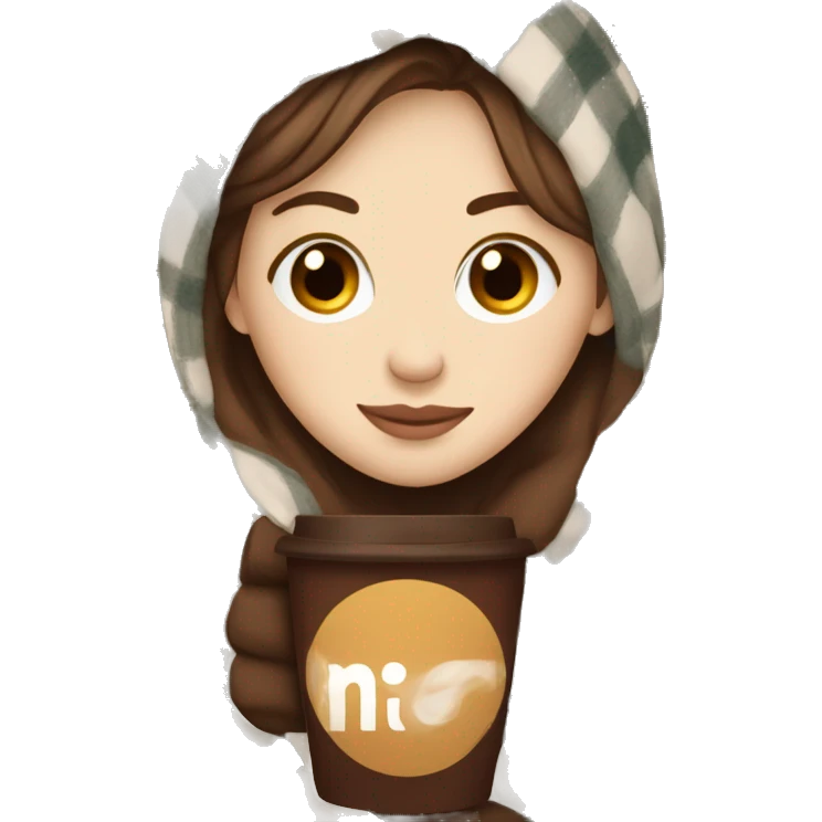 white girl short brown hair wrapped in cozy plaid blanket with coffee emoji