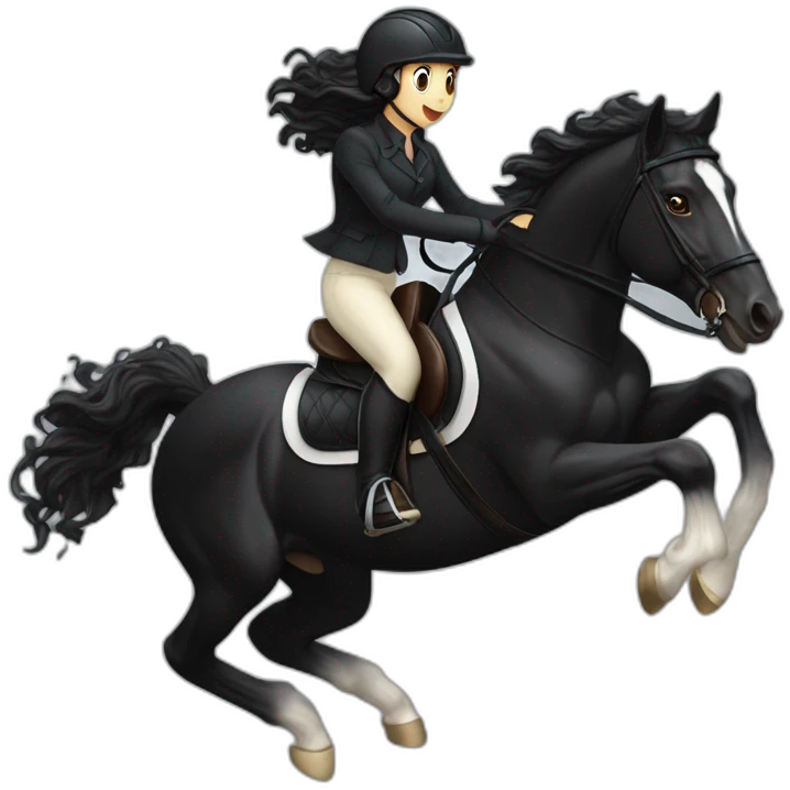 a  JET BLACK HORSE JUMPING AN OBTACLE, tHE HORSES RIDER IS A YOUNG FEMALE WITH LONG CURLY BRUNNET HAIR emoji