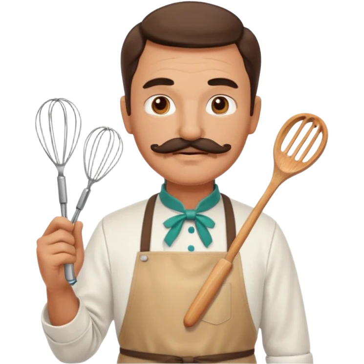 Middle-aged male pastry chef – mustache, wearing apron and whisk in hand
 emoji