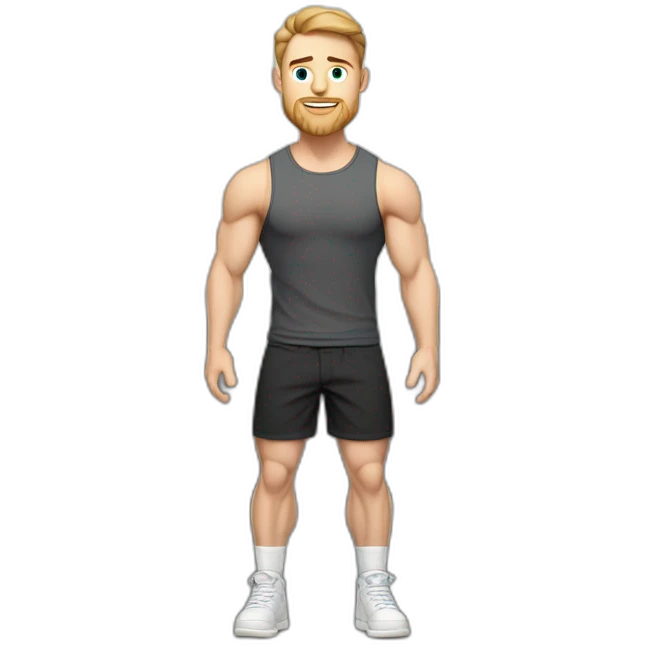 Full height Pale skinned muscular man With Realistic eyes and mouth, light brown hair and stubble In dark gray sleeveless mike, black oversize sports shorts, watch and white sneakers. emoji